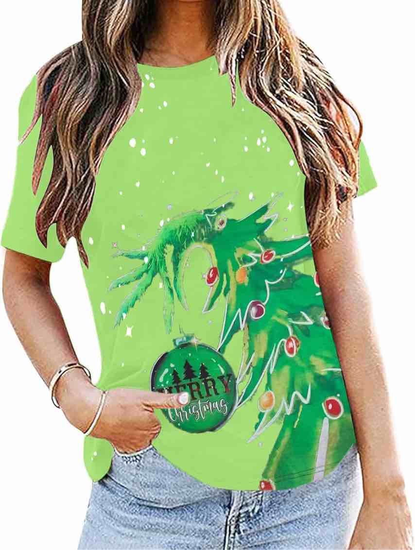 (2XL) Christmas Shirts for Women Christmas Tree Short Sleeve T Shirt Xmas Holiday Graphic Tee Top