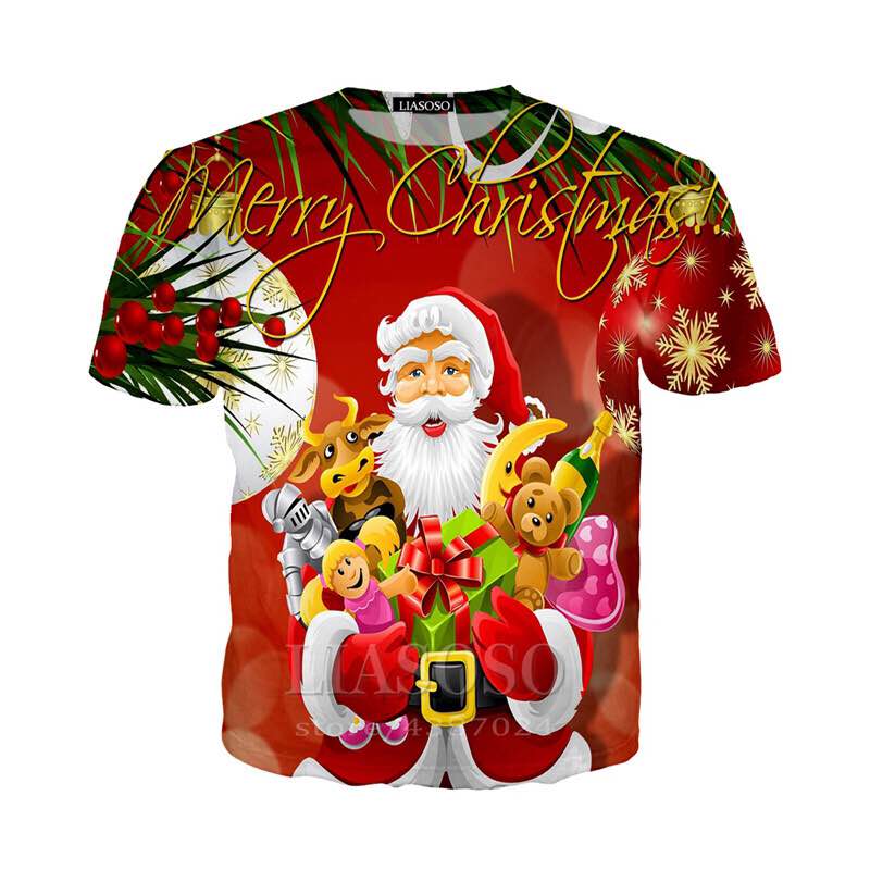 (Small) Cartoon Santa Claus 3D T-Shirt Women Men Christmas Print Casual Short Sleeve Tee 