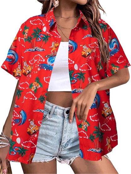 ASTANFY Hawaiian Christmas Shirt Women Christmas July Button up T-Shirt Summer Beach Vacation Shirts Casual Holiday Tee Tops -XXL