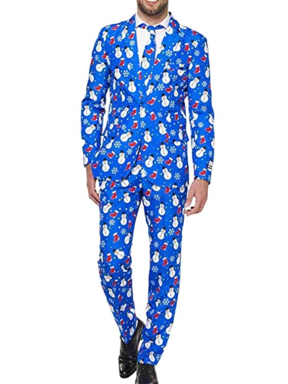 Mens Blue Snowman Ugly Holiday Christmas Suit Sportscoat Slacks & Tie - Extra Small