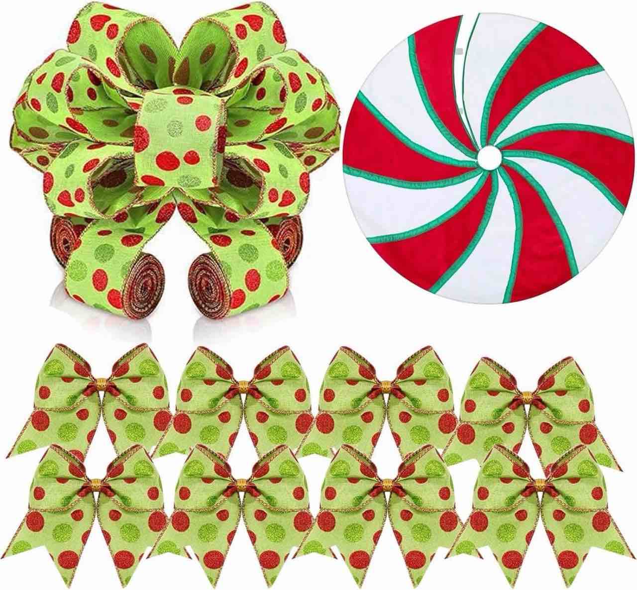 Shellwei 14 Pieces Christmas Tree Decoration Set Include Red Green Large Christmas Tree Topper Bow Xmas Bows Ornaments Skirt for Green and Red Xmas Home Decor
