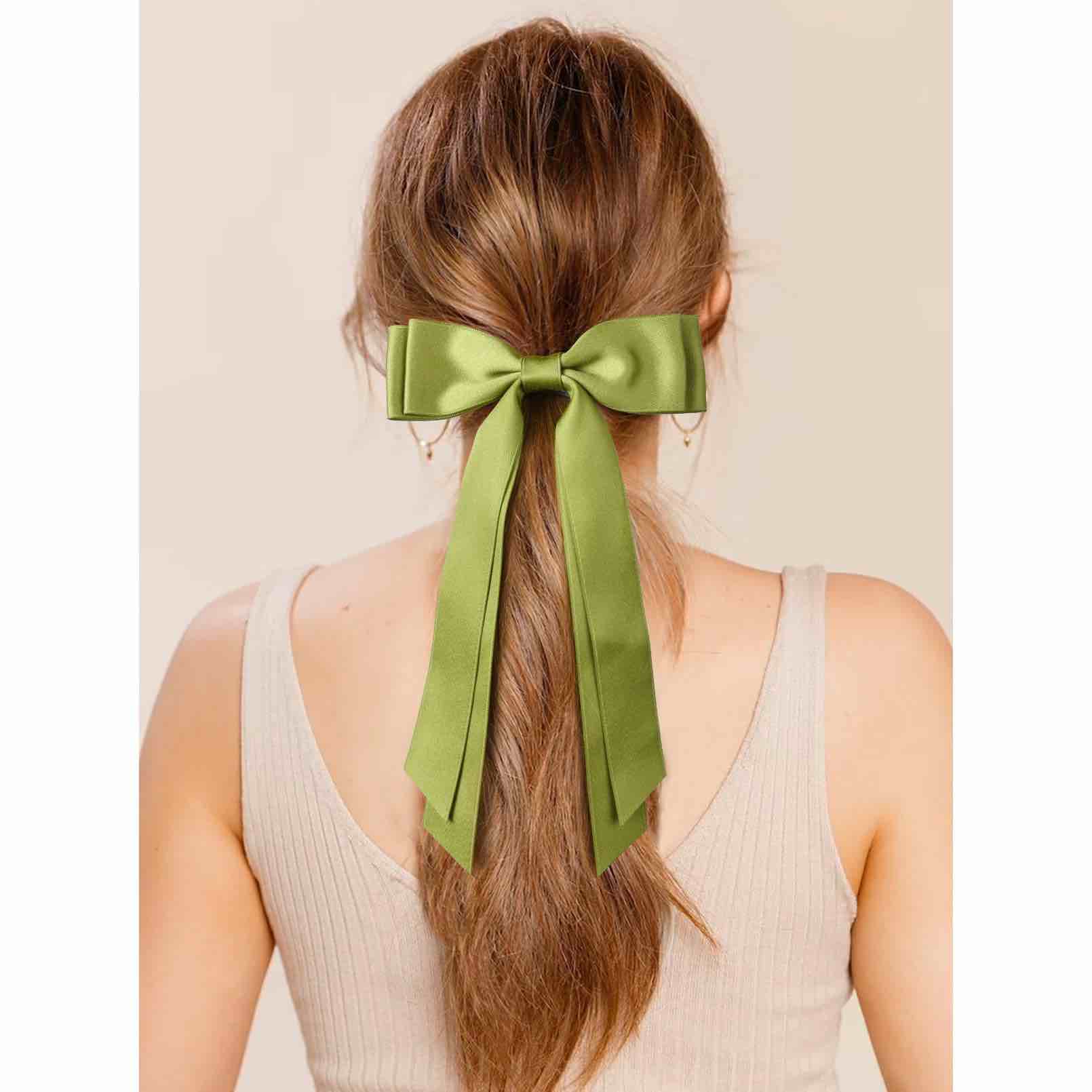2PCS Silky Satin Hair Bows Hair Clip Pink Green Hair Ribbon Ponytail Holder Accessories Slides Metal Clips Hair Bow for Women Girls Toddlers Teens Kids