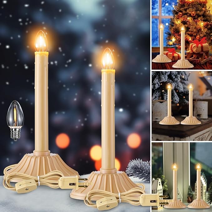 Meonum 2 Pack 9.6 in LED Christmas Window Candles, Plug in Electric Window Candle C7 Light Bulb with