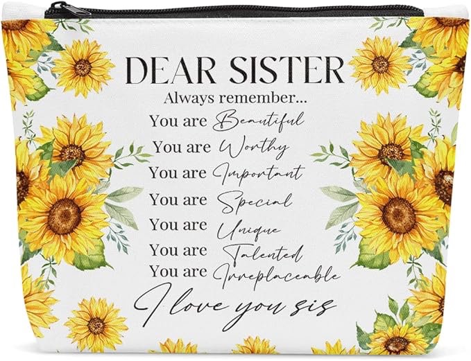 Sisters Gifts from Sister Makeup Bag,Sunflower Sisters Gifts, Dear Sister Cosmetic Bag, Sister Mothers Day Birthday Gifts for Sister, Sister Birthday Gift Ideas Makeup Pouch, 10*7.5*2 inch