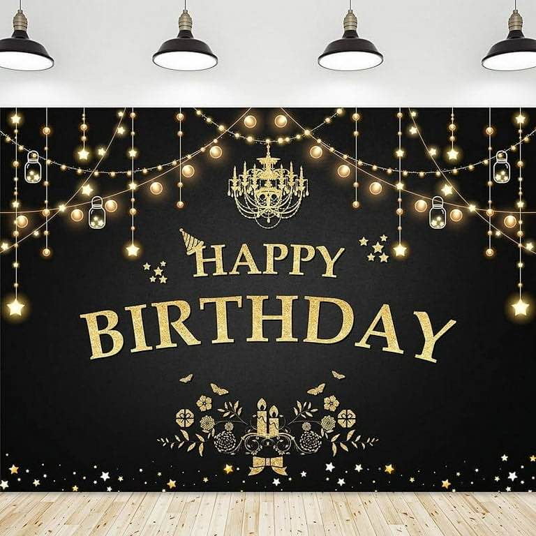 Riyidecor Black Gold Happy Birthday Backdrop Polyester Fabric Modern Luxury Stars Bokeh Dots Shinning Sparkle 7Wx5H Feet Men Bday Party Celebration Photography Background Birthday Photo Studio Shoot