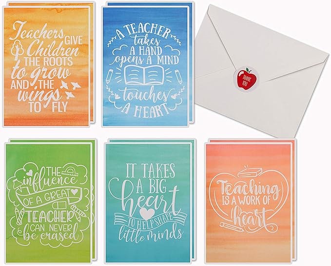 VNS Creations “Thank You” Cards for Teachers — 10-Pack with Envelopes, Watercolor Designs, Blank Inside (3.5 x 5.5 inches)