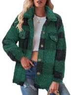 MEROKEETY Womens Plaid Fuzzy Sherpa Jacket Winter Warm Lapel Fleece Casual Outwear Coat with Pockets, Green, M ME12105coat5-Green-M