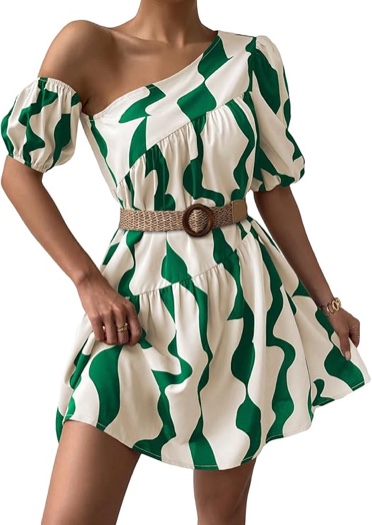 Floerns Women's One Shoulder Asymmetrical Neck Allover Print Flounce Tunic Dress Green X-Large