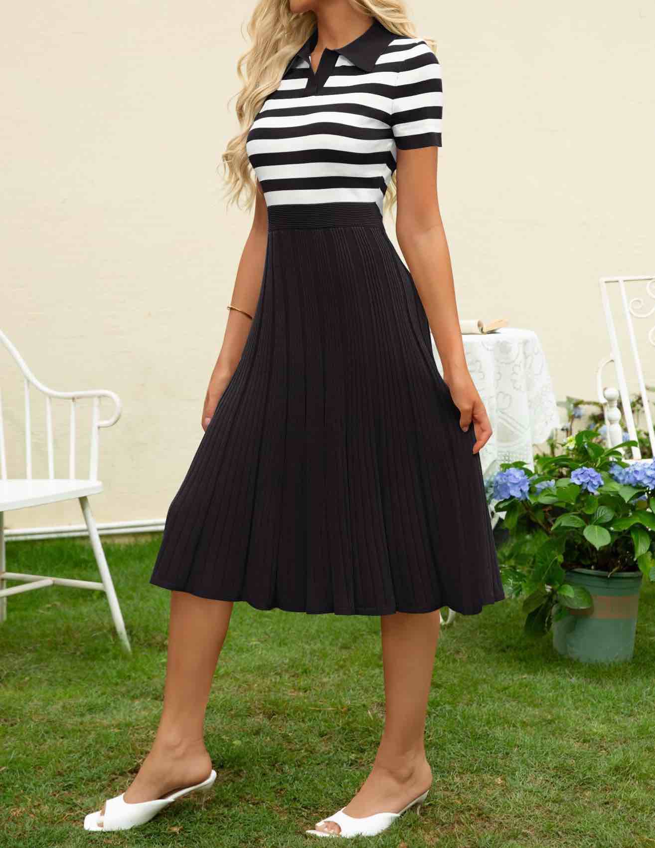 ZESICA Women's Striped Midi Dress Casual V Neck Short Sleeve Ribbed Knit Elastic High Waist Pleated Swing Dresses