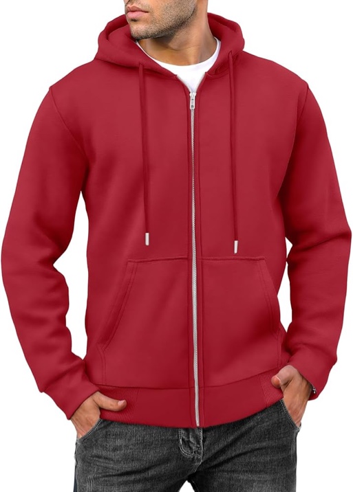 Caracilia Mens Zip Up Hoodies Midweight Loose Fit Fleece Full-Zip Sweatshirts Jackets Red Large