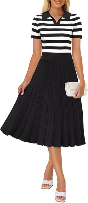 ZESICA Women's Striped Midi Dress Casual V Neck Short Sleeve Ribbed Knit Elastic High Waist Pleated Swing Dresses - Large