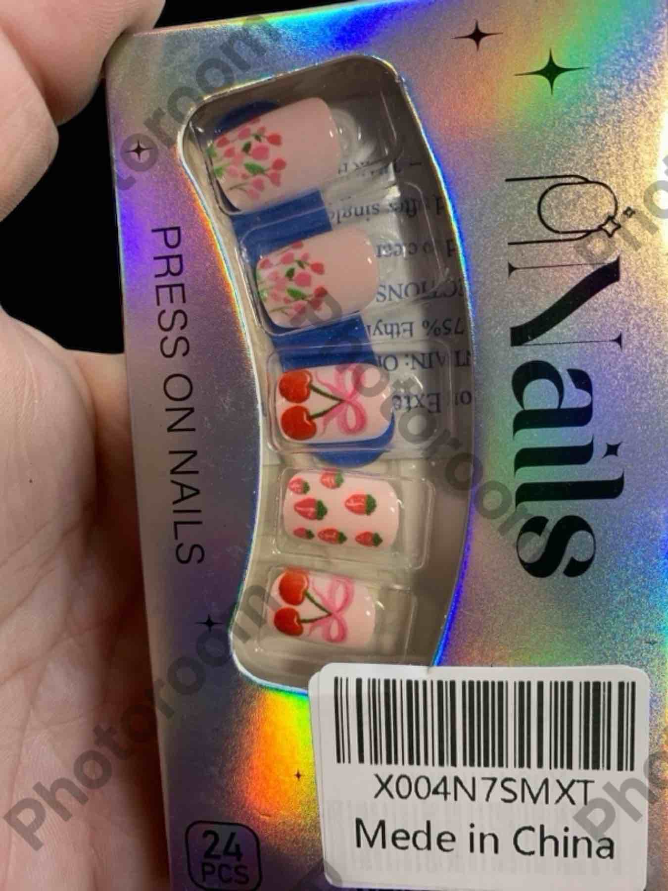 Cute Press on Nails Short Square Fake Nails Cherry Strawberry False Nails Glossy Reusable Stick on Nails Full Cover Grid with deisgns Floral False Nails for Women Spring Summer Manicure 24 Pieces