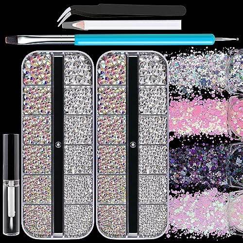 2500 Pieces Face Gems for Makeup with Glue, 2-5mm Round Glass Crystal AB & Clear + AB Rhinestones & 4 Colors Cosmetic Chunky Glitter with Dotting Tools, Eye Jewels for Make-up, Nail Art