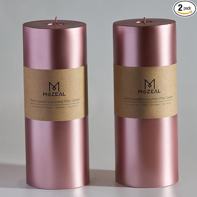 MOZEAL 4" x 10" Extra-Large Rose Gold Pillar Candles (Set of 2), Unscented, Dripless, Smokeless, Long Clean-Burning, Tall 10 inch Large Rose Gold Pillar Candles for New Year's Decor