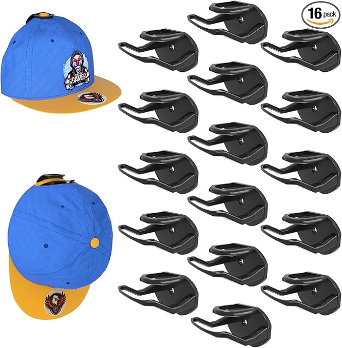 16 Pack Adhesive Hat Hooks for Wall, Strong Hat Rack for Baseball Caps, Hat Organizer Display for Home Decor, Hat Hold Hanger for Wall, Door, Closet, No Drilling - USA Patented (Black)