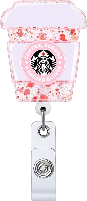 2P Badge Reel Cute Pink Coffee Scrub Funny Clip Cute Work ID Badge Holder Retractable Clip Funny Nur