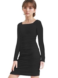 DEVOROPA Girls Long Sleeve Bodycon Dress Cute Square Neck Ruched Tight Fit for Homecoming Party Dance Formal Outfit