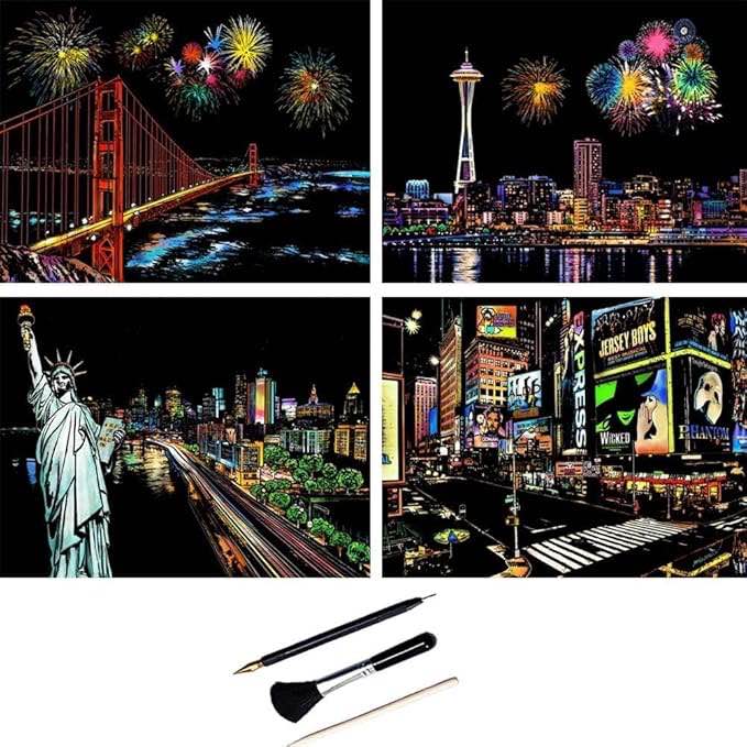 4 x Scratch Pictures — 290 x 210mm Landmarks Wall Picture, Coated Colorful Scratch Paper with Tool Set (USA)