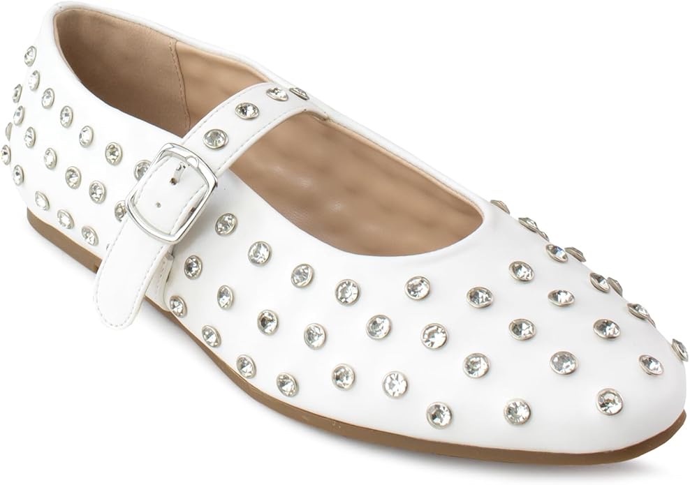 Women's Rhinestone Stud Buckle Strap Mary Jane Ballet Flats
