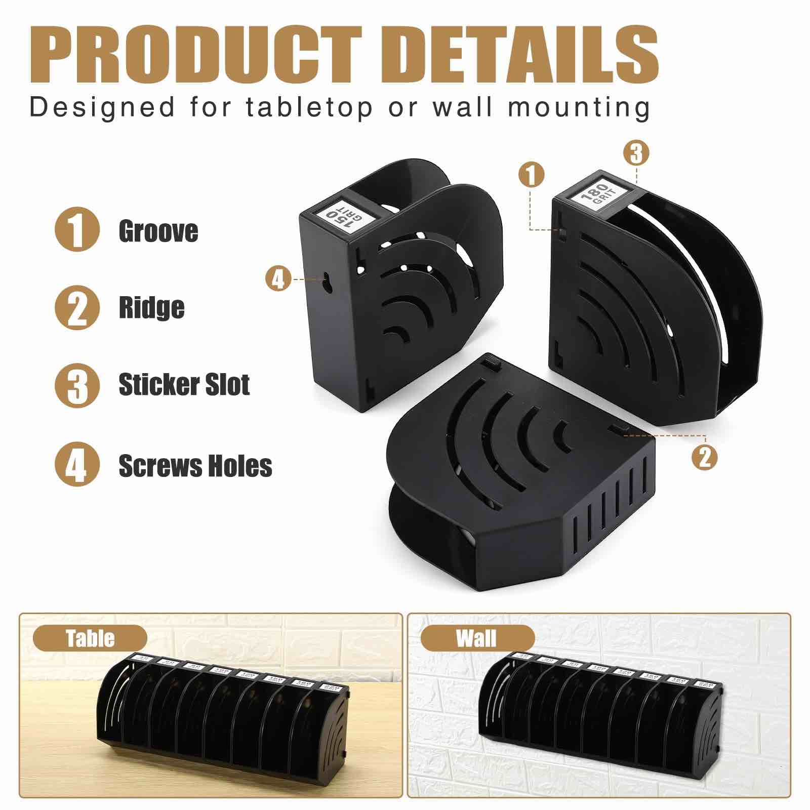 10 Pack Sandpaper Storage Organizer Boxes 5 Inch Sanding Discs Tool Storage Set with Grit Labels and Expansion Screws Individual Connectable Sanding Discs Organizer Rack for Gift (Black)