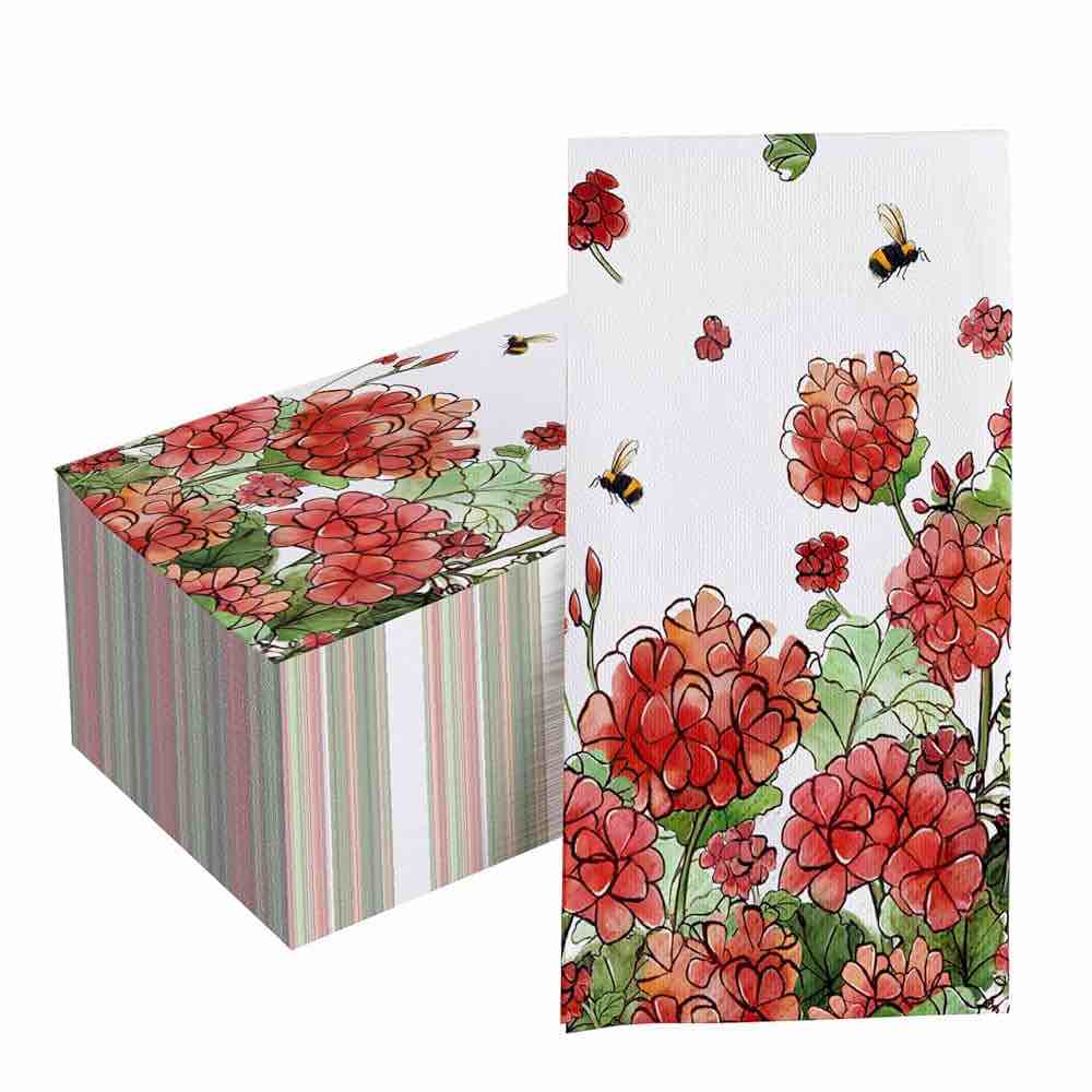 Tailus 100 PCS Spring Summer Geranium Flower Paper Napkins, Red Floral Bee Hand Towels Decorative Disposable Dinner Guest Napkins, Seasonal Kitchen Dinning Table Party Decor 8 x 4 Inch