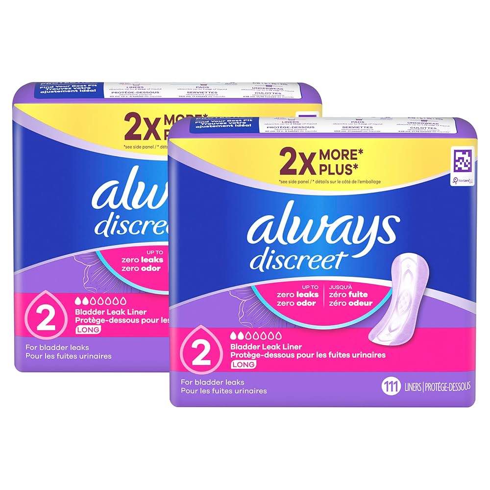 Always Discreet Incontinence Panty Liners for Bladder Leaks, Size 2, Very Light Absorbency, Long Length, 222 Count (1 Packs of 111)