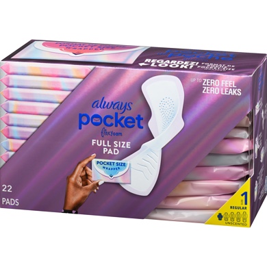 always pocket feminine pads with flexfoam, size 1, regular, with wings, unscented, 22 count