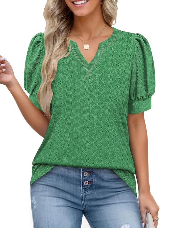 womens puff short sleeve tops: 2025 summer spring blouses dressy casual eyelet embroidery trendy v neck business work t shirt green 2xl