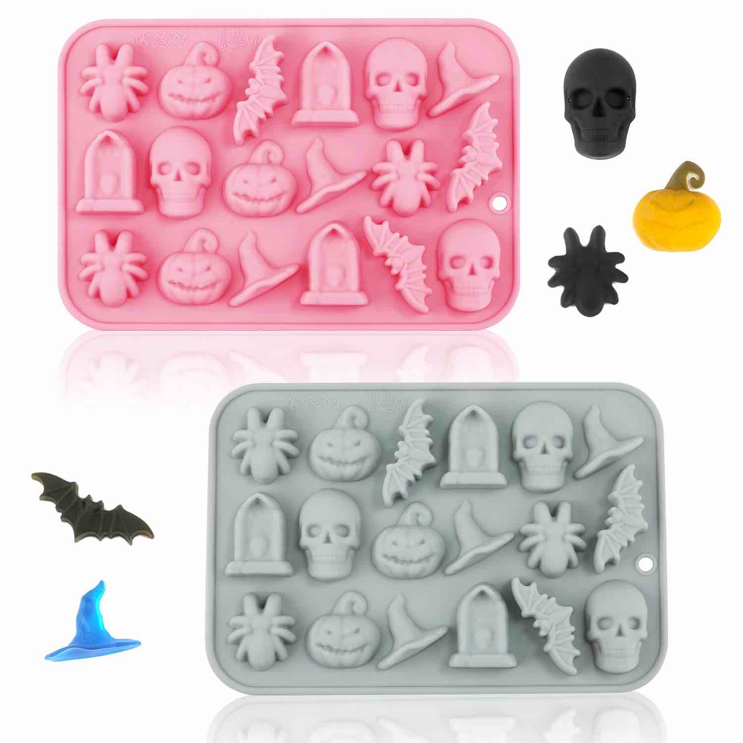 2pcs Halloween Candy Molds, Halloween Chocolate Candy Silicone Mold Bat Skull Pumpkin Silicone Mold Halloween Silicone Mold for Candy Cookie Sugar Cakes Decorating