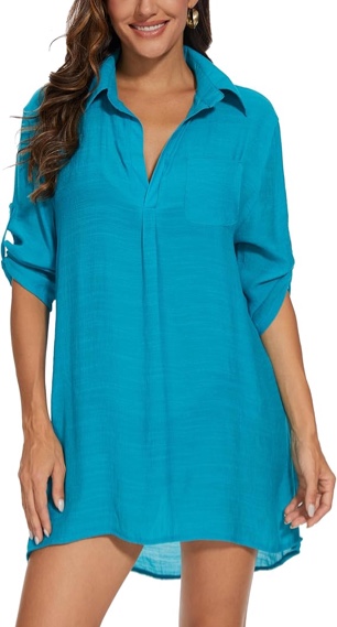 (Size M) Women's Swimsuit Cover Ups Beach Bathing Suit Bikini Coverup Top for Swimwear Summer V-Neck Shirt Dress Army Green Medium
