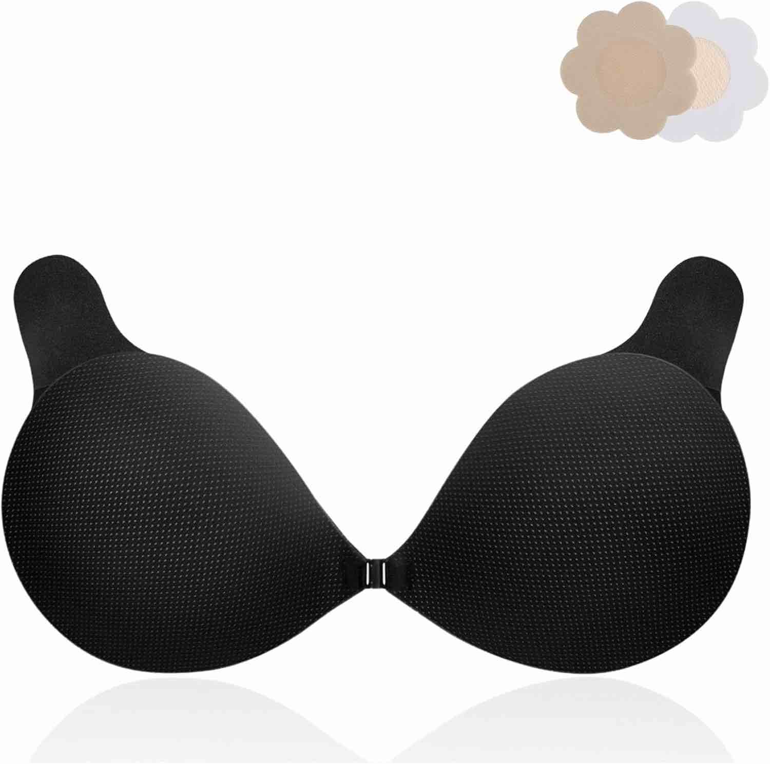 MILUMILUU Push Up Sticky Bra for Women, Adhesive Bras Breathable Strapless Bra with Lift Up Tape and Nipple Covers Invisible Reusable for Backless Dress Black Cup B