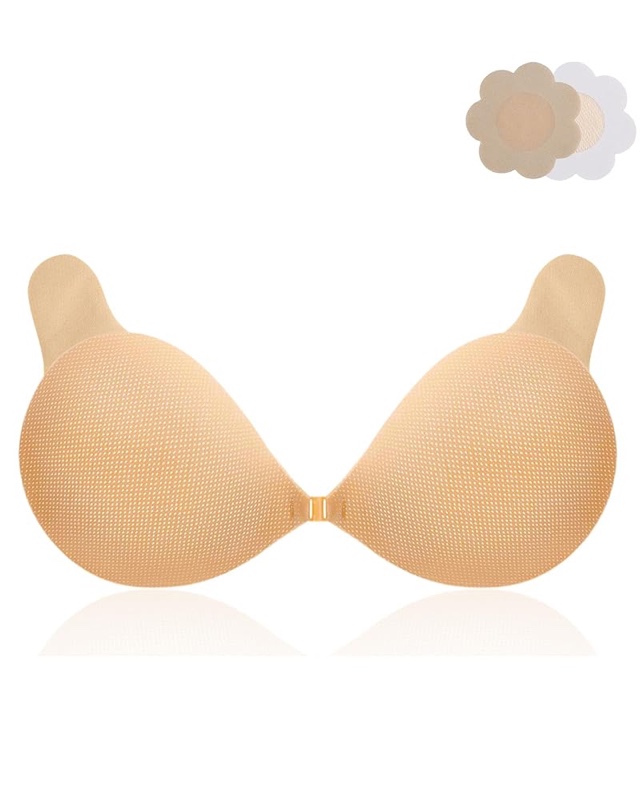 Backless Sticky Bra for Women, Push Up Strapless Adhesive Bras Breathable Invisible Reusable Stick On Bra for Dress (Beige, Cup F)