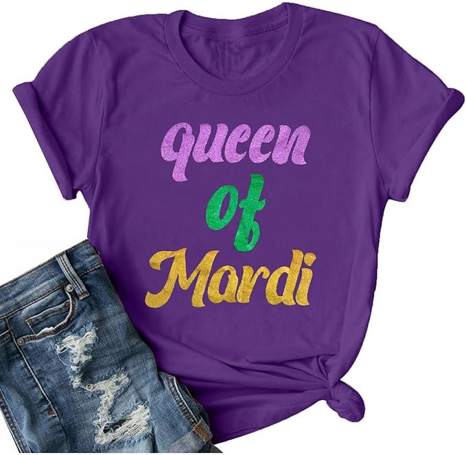 Mardi Gras Shirt Women Queen of Mardi Shirt Sequin Carnival Outfit Shirt Fat Tuesday Tee Holiday Short Sleeve Tops - Large