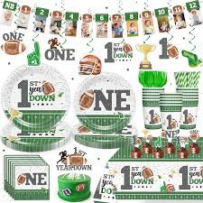 Cocomigo 182pcs Football Birthday Party Decorations Include Banner Thick Football Plates Two Tablecloths Cake Toppers for 25 Guests, First Year Down Birthday Party Decorations for 1 Year Old Boy