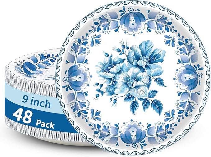 YTYOTO 48 Pcs Blue and White Paper Plates, Blue Floral Paper Plates, Blue Paper Plates for Family Dinner Parties, Birthday Parties, Weddings (9 Inches)