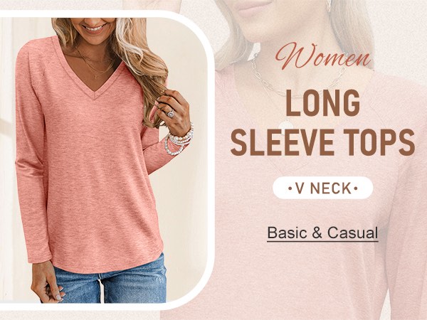 (large) ticticmimi women's v neck long sleeve tops casual t shirts basic blouse tees loose fit fall tunic shirts coral, large