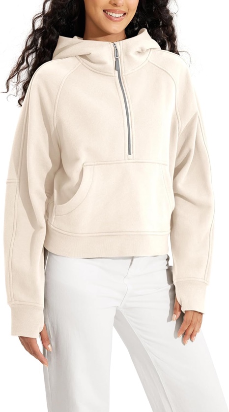 ODODOS Half-Zip Hoodies for Women Fleece Lined Cropped Sweatshirts Pullover Long Sleeve Sweater Thumb Hole, Cream, Medium
