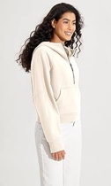 (Medium) ODODOS Half-Zip Hoodies for Women Fleece Lined Cropped Sweatshirts Pullover Long Sleeve Sweater Thumb Hole, Cream, Medium