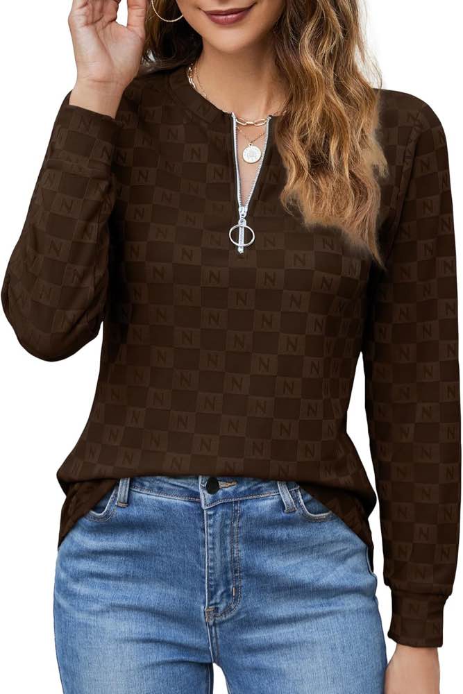 (Beige- XX-Large) Anyproud Fall 1/4 Zip Pullover Top for Women 2024 Long Sleeve Shirts Casual Fitted Tunic Blouses(N Print Beige, XX-Large)