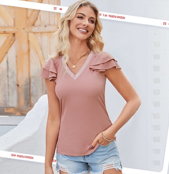 Kate Kasin Women's Ruffle Short Sleeve Shirt V Neck Striped Color Block T Shirts Summer Blouse Casual Tops