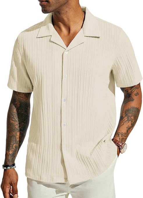 PJ PAUL JONES Mens Casual Shirts Summer Short Sleeve Textured Shirts Summer Cuban Collar Shirts