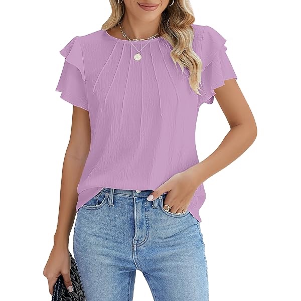 Kate Kasin Womens Dressy Casual Tops Ruffle Sleeve Blouses Crew Neck Summer Shirts Cute Keyhole Back Work Top 2025