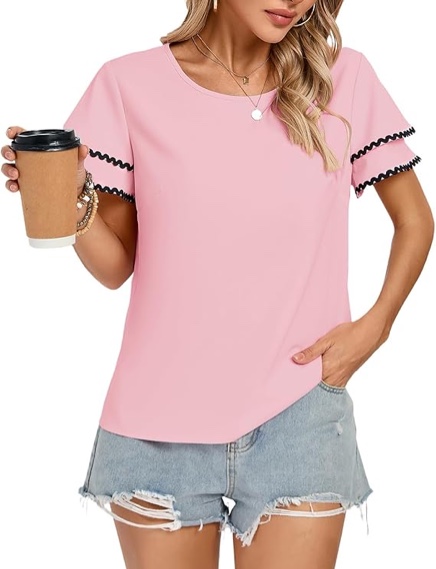 (Size L) kate kasin womens dressy casual tops ruffle sleeve blouses crew neck summer shirts cute keyhole back work top 2025