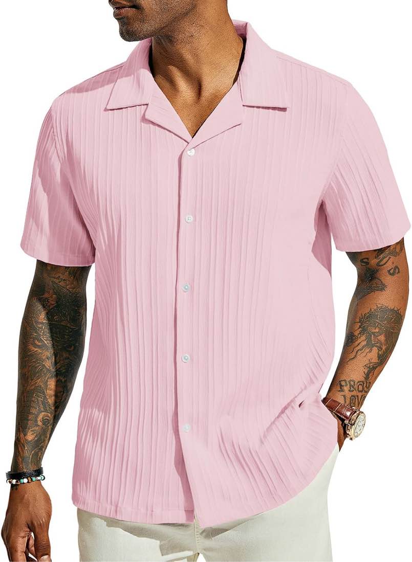 (Size L) PJ PAUL JONES Mens Casual Shirts Summer Short Sleeve Textured Shirts Summer Cuban Collar Shirts