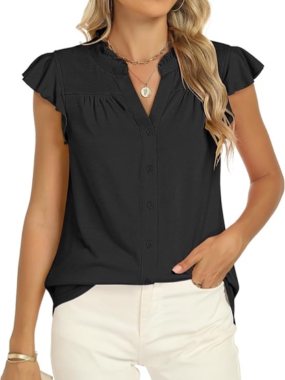 ANRABESS Women Ruffle Short Sleeve Shirts Dressy Casual Business Top Outfits Trendy Summer Tshirts Black X-Large