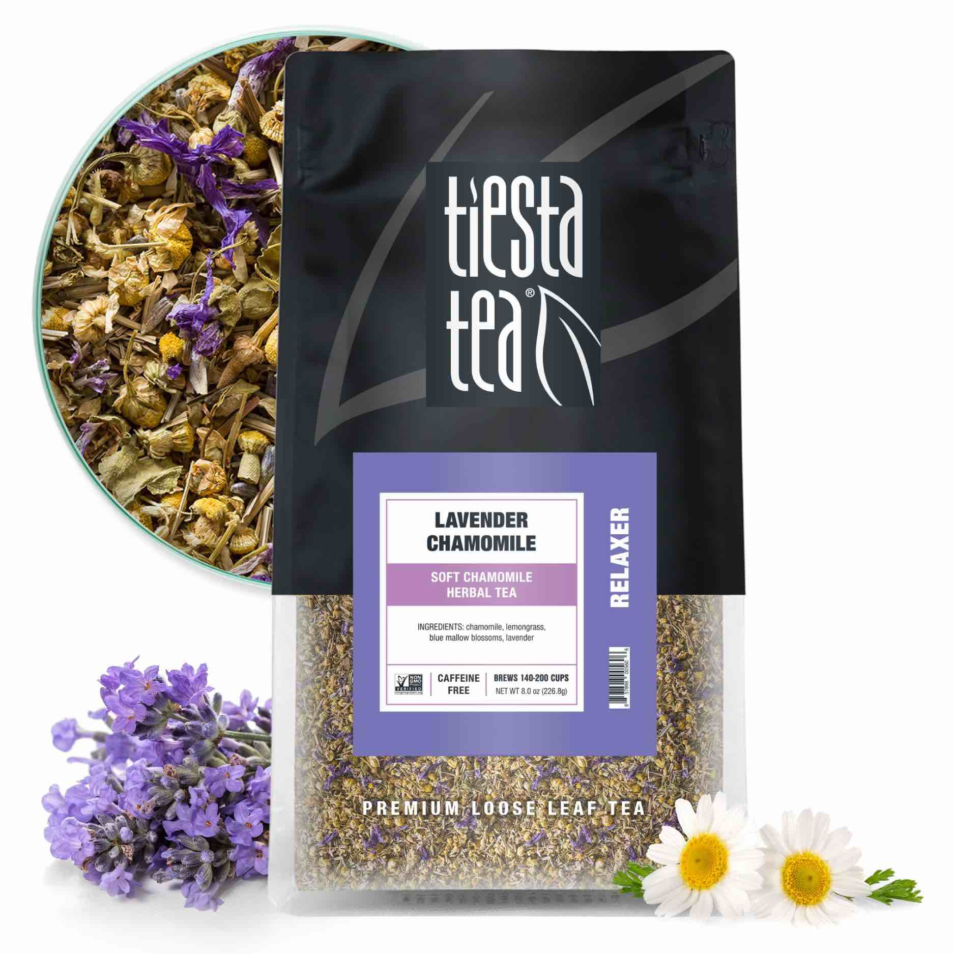 tiesta tea - lavender chamomile herbal tea, loose leaf, calming blend with chamomile and lavender, caffeine-free herbal, great for hot or iced brews, resealable bulk pouch