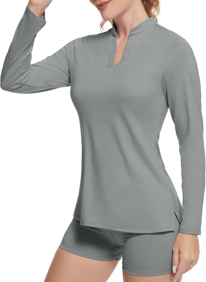 (Size L) BROWN - Women's Golf Polo Shirts, UPF 50+ V-Neck Long Sleeve Collarless Quick Dry Tennis Running T Shirt Golf Tops for Women
