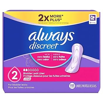 Always Discreet Incontinence Panty Liners for Women with Bladder Leaks, Size 2, Very Light Absorbency, Long Length, 111 Count