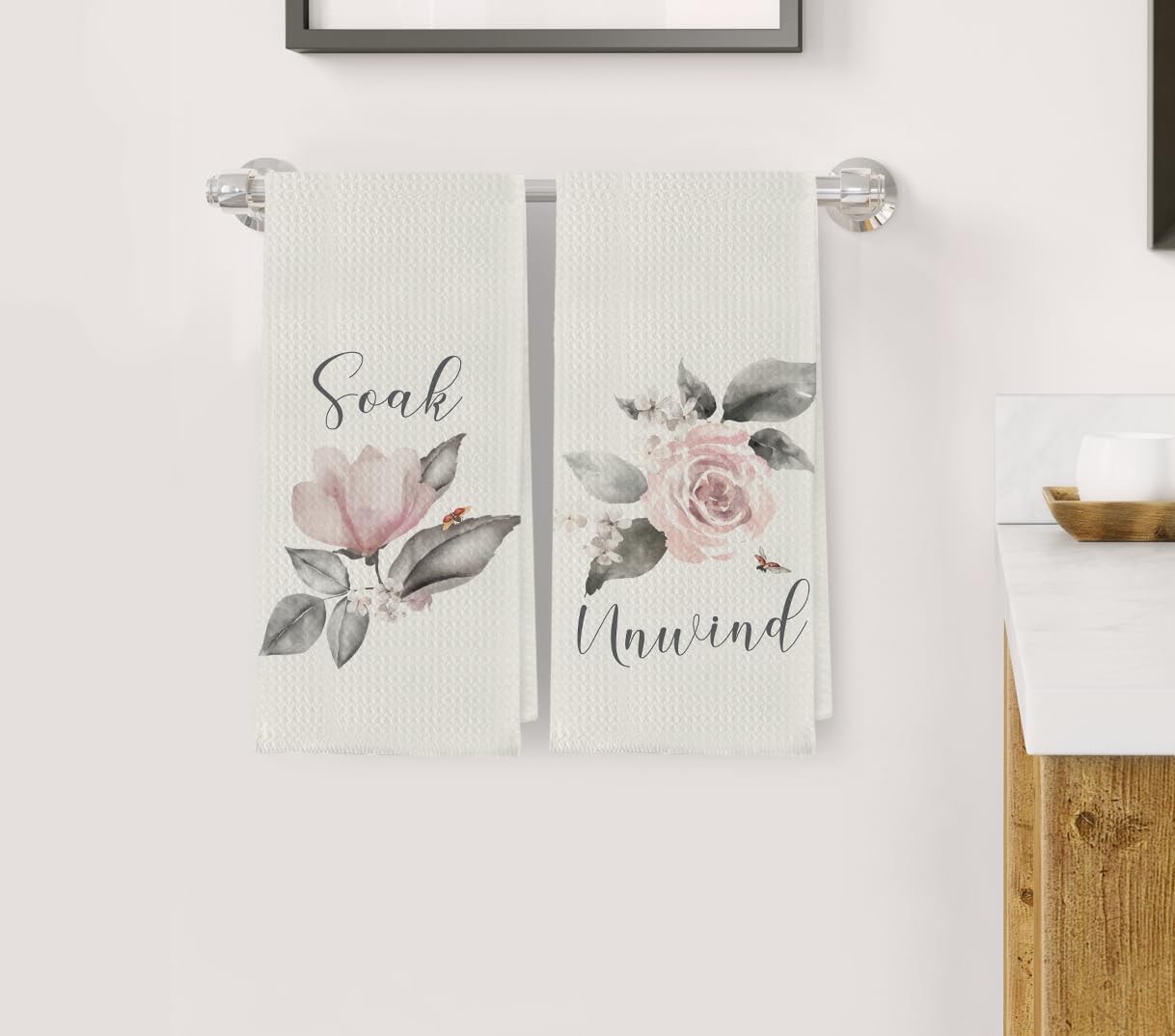 Zeghk Flower Art Kitchen Towels, Dish Towels Decor Set of 4, Pink Rose Flower Floral Relax Soak Unwind Breathe Decorative Absorbent Drying Cloth Hand Towels Tea Towels 16x24 Inch