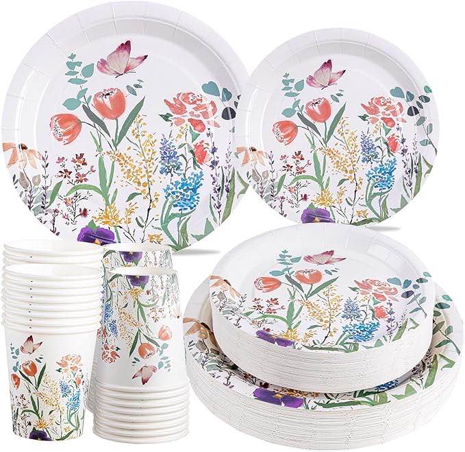 I00000 150-piece wildflower party plate set, 50 flower dinner 9 inches (about 10.9 cm), 50 wildflower plates, 7 inches (about 150 cm), with 50 paper cups, suitable for wedding baby shower tea party, perfect for serving 50 guests